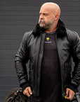 Leather Motorcycle Jacket Protective Bomber Black | Armored AAA